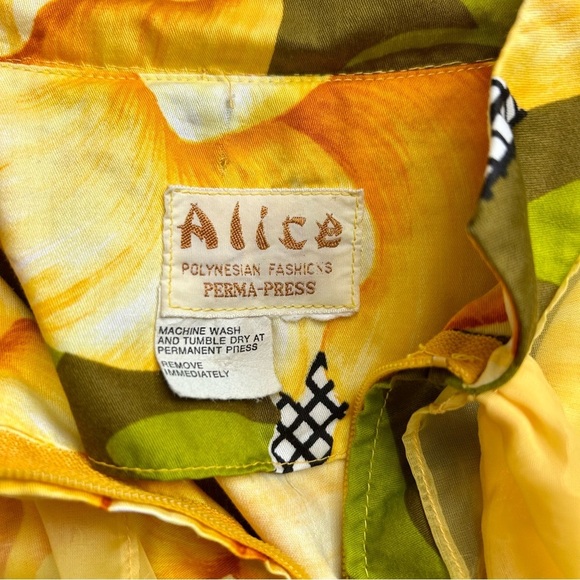 Vintage 1960s Alice Polynesian Chiffon Maxi Dress Hawaiian Yellow Floral Muumuu - Picture 16 of 16